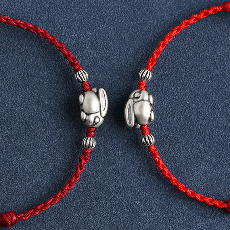 Buddha Stones Braccialetto portafortuna in corda di coniglio in argento sterling 999 fatto a mano
