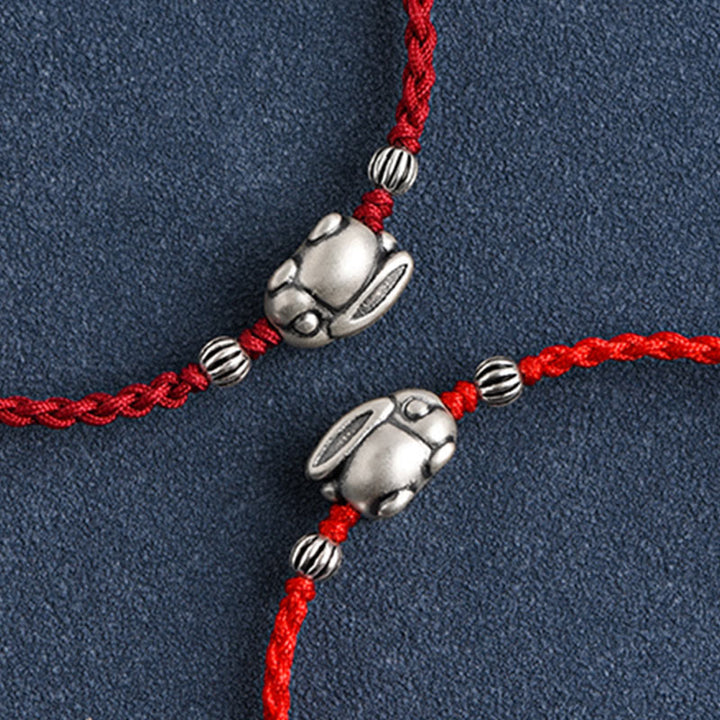 Buddha Stones Braccialetto portafortuna in corda di coniglio in argento sterling 999 fatto a mano