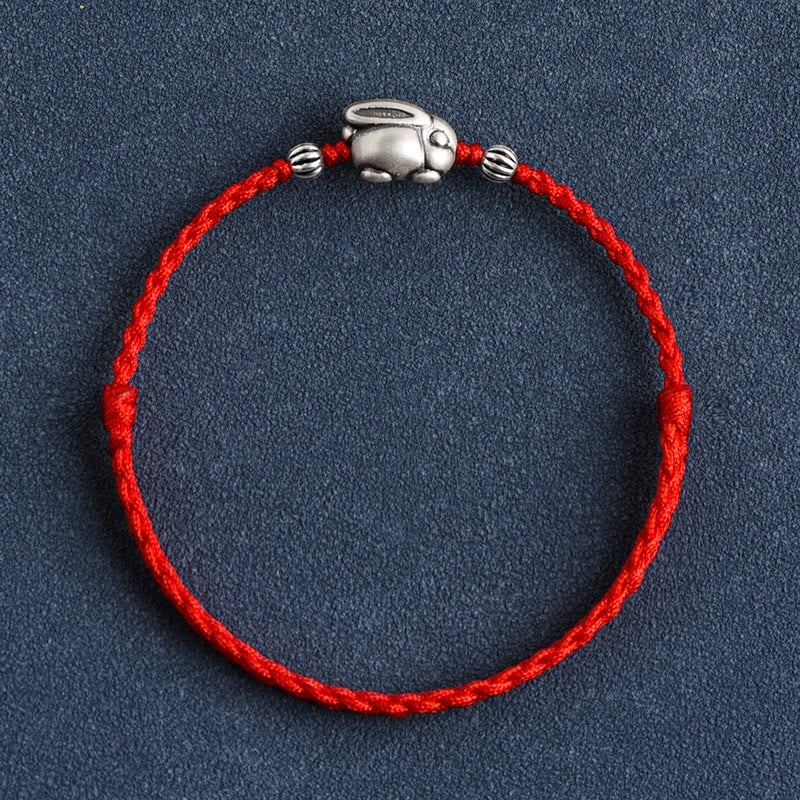 Buddha Stones Braccialetto portafortuna in corda di coniglio in argento sterling 999 fatto a mano