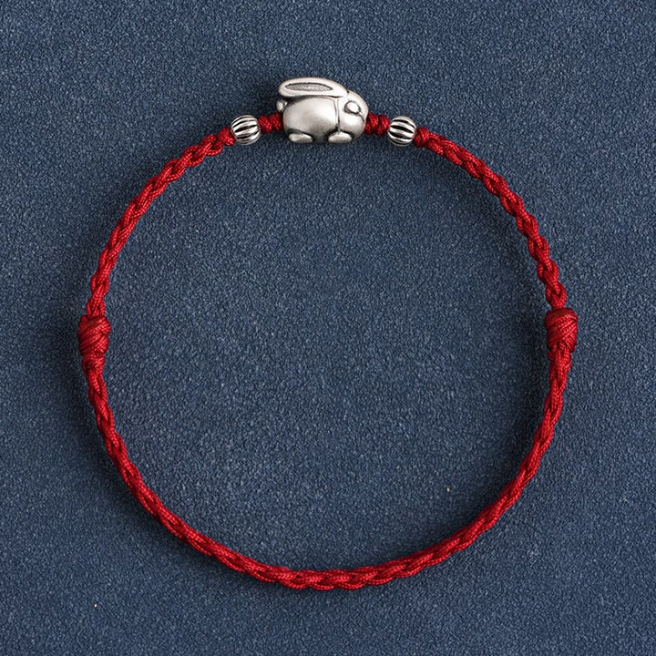 Buddha Stones Braccialetto portafortuna in corda di coniglio in argento sterling 999 fatto a mano