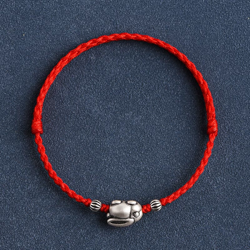 Buddha Stones Braccialetto portafortuna in corda di coniglio in argento sterling 999 fatto a mano