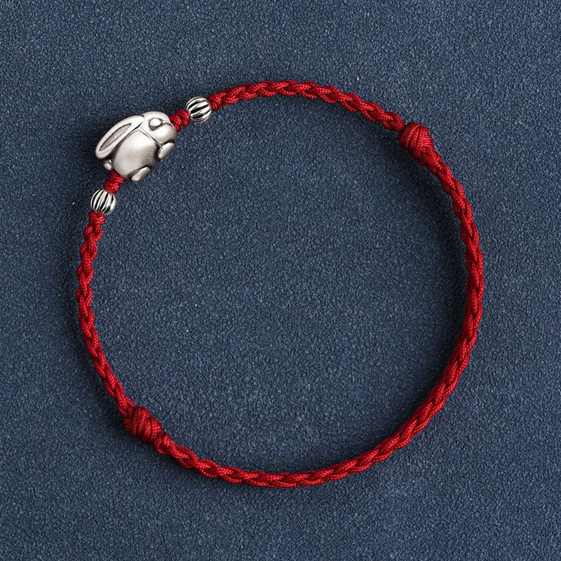 Buddha Stones Braccialetto portafortuna in corda di coniglio in argento sterling 999 fatto a mano
