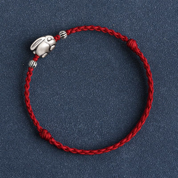 Buddha Stones Braccialetto portafortuna in corda di coniglio in argento sterling 999 fatto a mano