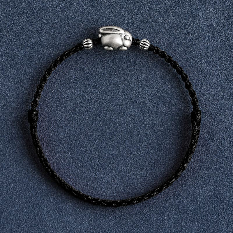 Buddha Stones Braccialetto portafortuna in corda di coniglio in argento sterling 999 fatto a mano