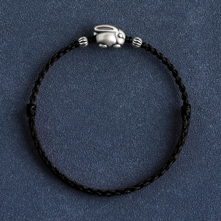 Buddha Stones Braccialetto portafortuna in corda di coniglio in argento sterling 999 fatto a mano