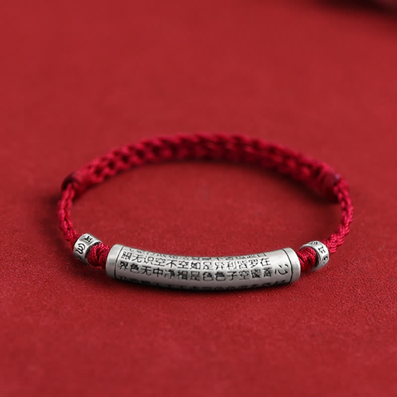 Buddha Stones fatte a mano in argento sterling 999 Om Mani Padme Hum Cuore Sutra intagliato Braccialetto alla caviglia con corda portafortuna - Cavigliera (circonferenza 18-30 cm) - Rosso scuro - image 0