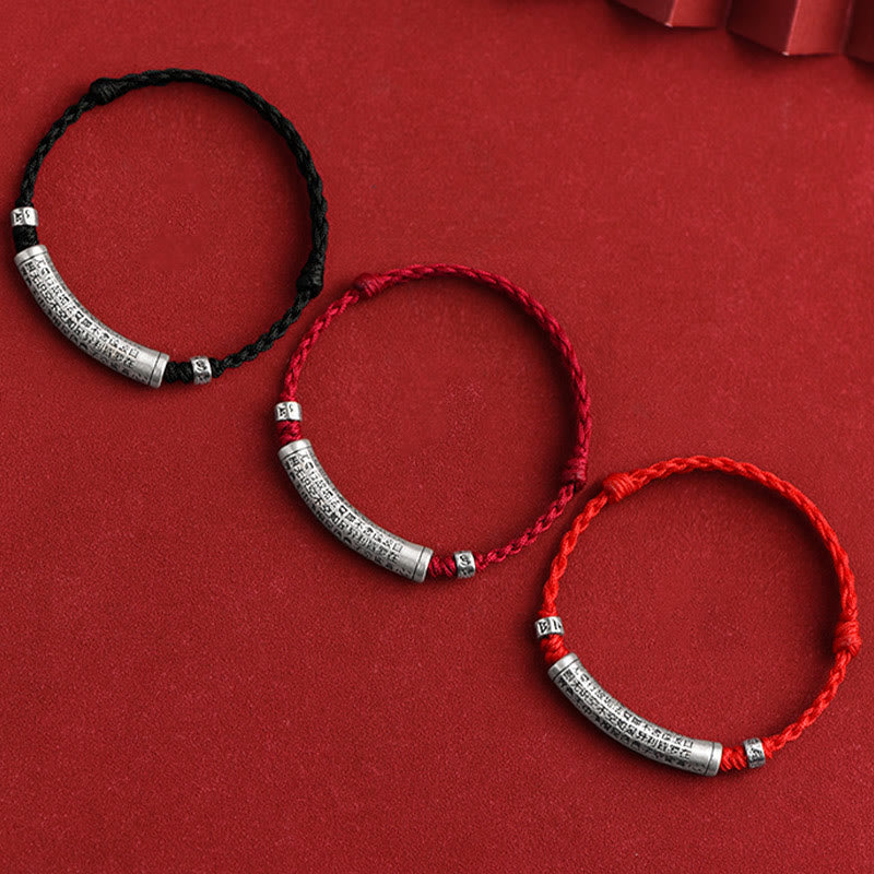 Buddha Stones fatte a mano in argento sterling 999 Om Mani Padme Hum Cuore Sutra intagliato Braccialetto alla caviglia con corda portafortuna - image 1