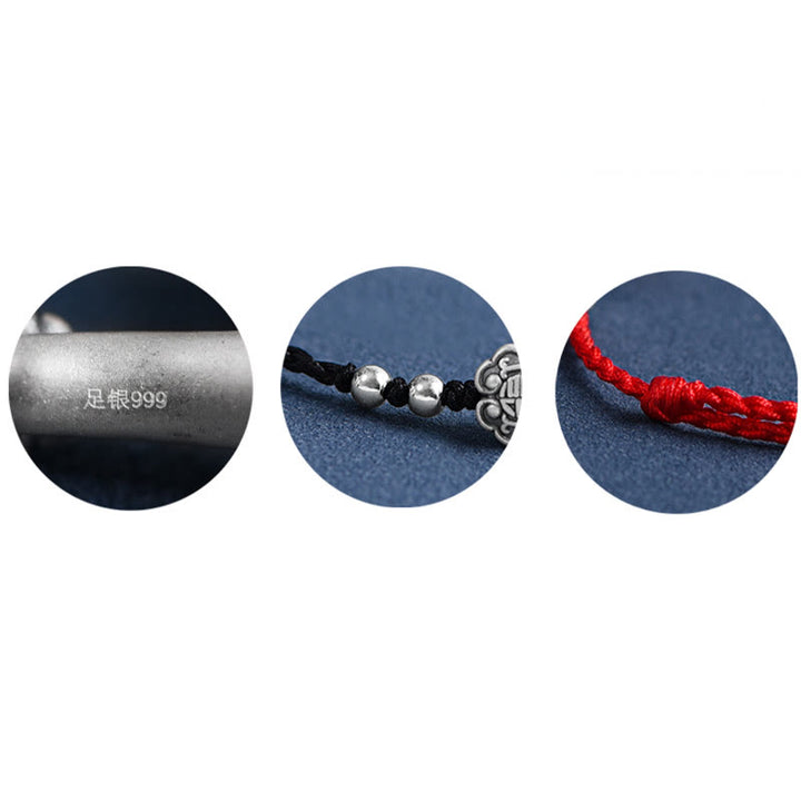 Buddha Stones Fatto a mano in argento sterling 999 Fu Character Wish Ruyi Handle Fortune Rope Bracciale Cavigliera