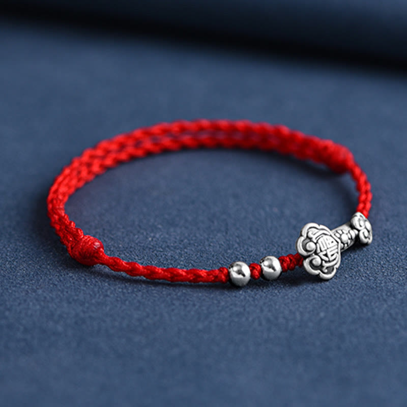 Buddha Stones Fatto a mano in argento sterling 999 Fu Character Wish Ruyi Handle Fortune Rope Bracciale Cavigliera