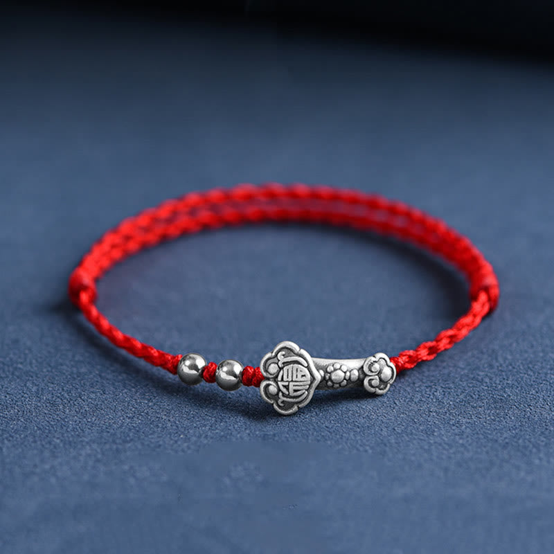 Buddha Stones Fatto a mano in argento sterling 999 Fu Character Wish Ruyi Handle Fortune Rope Bracciale Cavigliera