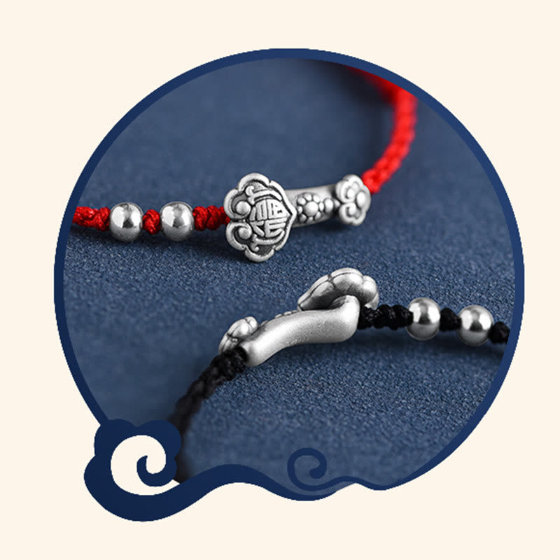 Buddha Stones Fatto a mano in argento sterling 999 Fu Character Wish Ruyi Handle Fortune Rope Bracciale Cavigliera - image 24