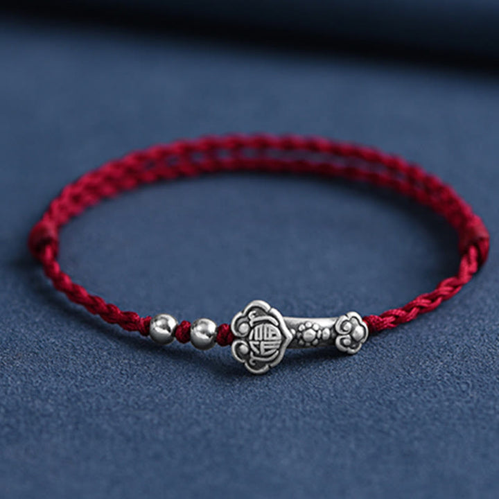 Buddha Stones Fatto a mano in argento sterling 999 Fu Character Wish Ruyi Handle Fortune Rope Bracciale Cavigliera - Cavigliera (circonferenza 18-30 cm) - Rosso scuro - image 0