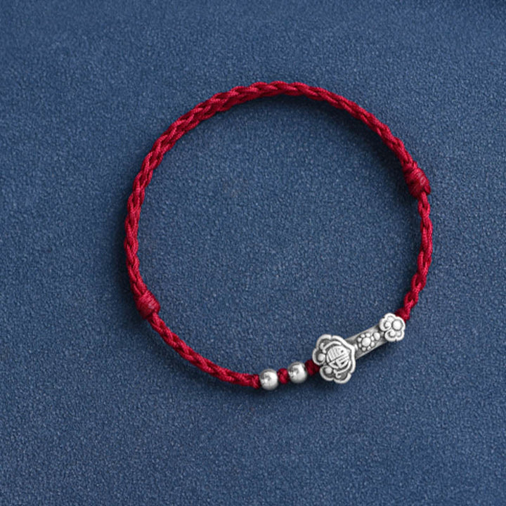 Buddha Stones Fatto a mano in argento sterling 999 Fu Character Wish Ruyi Handle Fortune Rope Bracciale Cavigliera