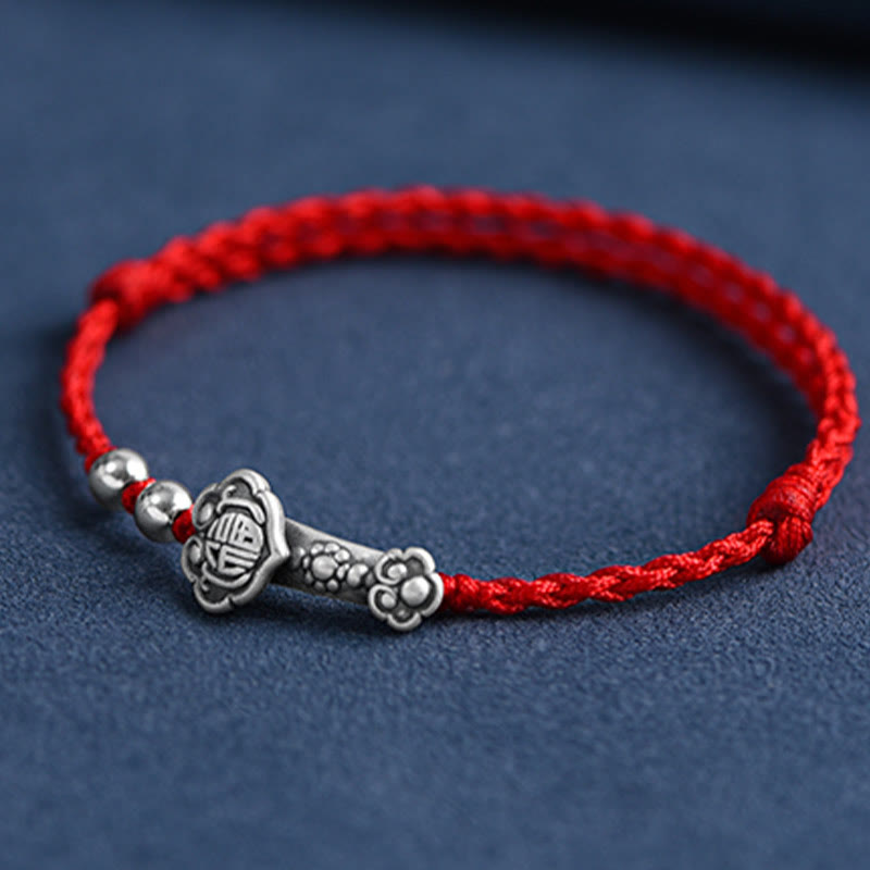 Buddha Stones Fatto a mano in argento sterling 999 Fu Character Wish Ruyi Handle Fortune Rope Bracciale Cavigliera