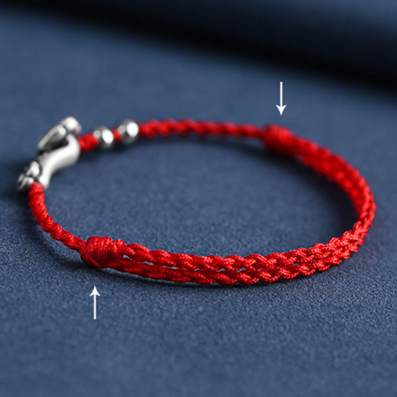 Buddha Stones Fatto a mano in argento sterling 999 Fu Character Wish Ruyi Handle Fortune Rope Bracciale Cavigliera
