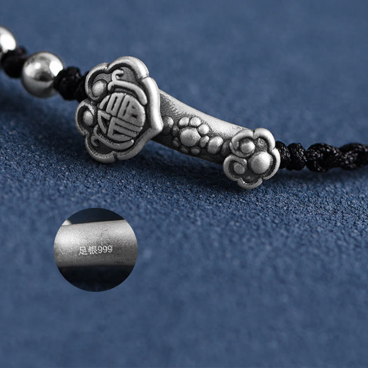 Buddha Stones Fatto a mano in argento sterling 999 Fu Character Wish Ruyi Handle Fortune Rope Bracciale Cavigliera