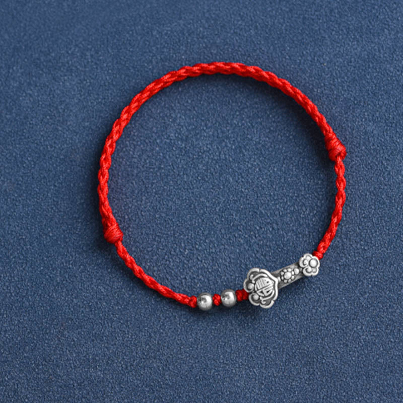 Buddha Stones Fatto a mano in argento sterling 999 Fu Character Wish Ruyi Handle Fortune Rope Bracciale Cavigliera
