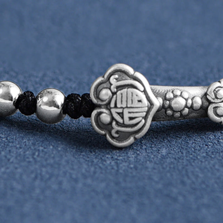 Buddha Stones Fatto a mano in argento sterling 999 Fu Character Wish Ruyi Handle Fortune Rope Bracciale Cavigliera