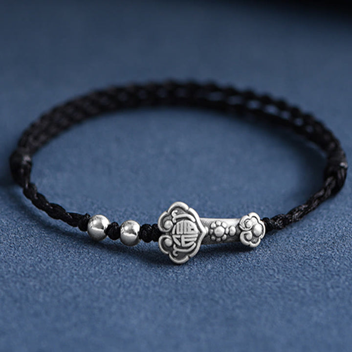Buddha Stones Fatto a mano in argento sterling 999 Fu Character Wish Ruyi Handle Fortune Rope Bracciale Cavigliera