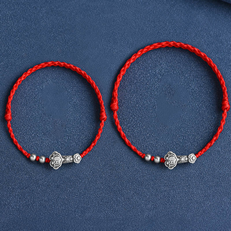 Buddha Stones Fatto a mano in argento sterling 999 Fu Character Wish Ruyi Handle Fortune Rope Bracciale Cavigliera