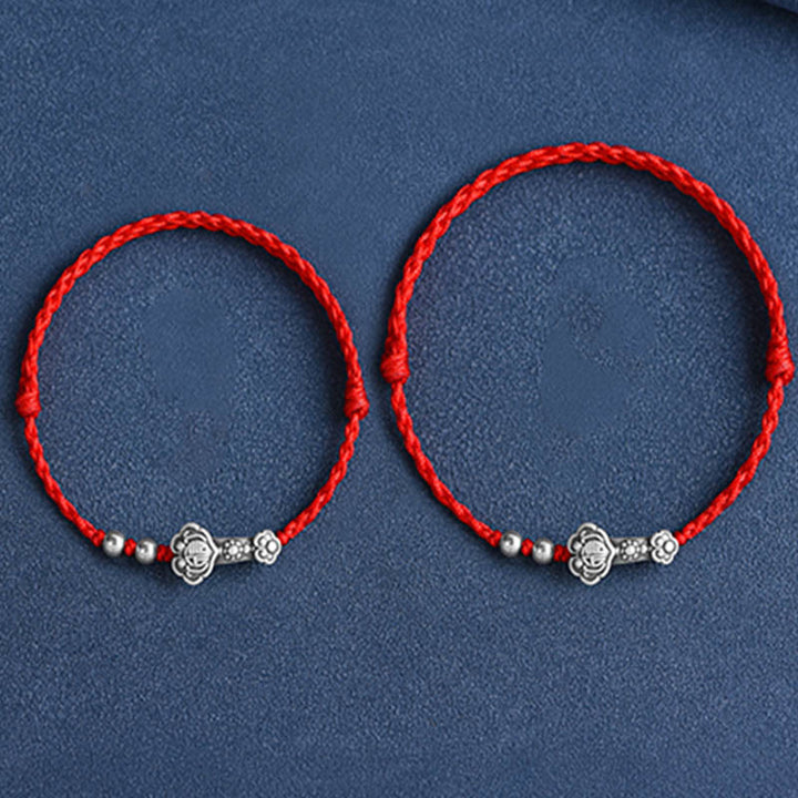 Buddha Stones Fatto a mano in argento sterling 999 Fu Character Wish Ruyi Handle Fortune Rope Bracciale Cavigliera