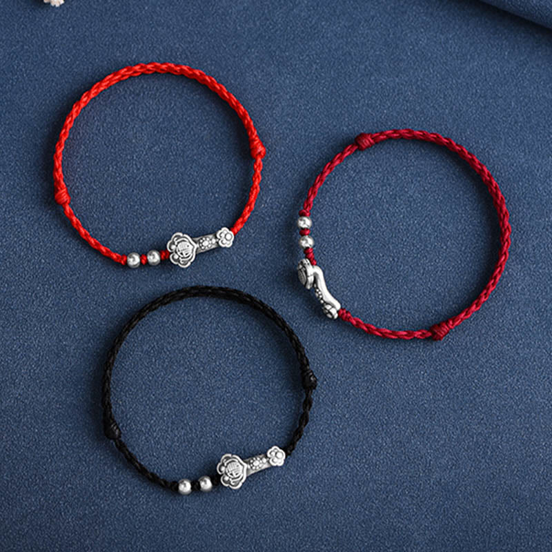 Buddha Stones Fatto a mano in argento sterling 999 Fu Character Wish Ruyi Handle Fortune Rope Bracciale Cavigliera