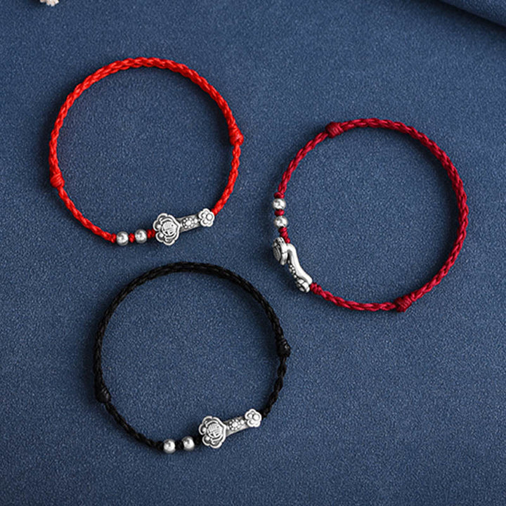 Buddha Stones Fatto a mano in argento sterling 999 Fu Character Wish Ruyi Handle Fortune Rope Bracciale Cavigliera