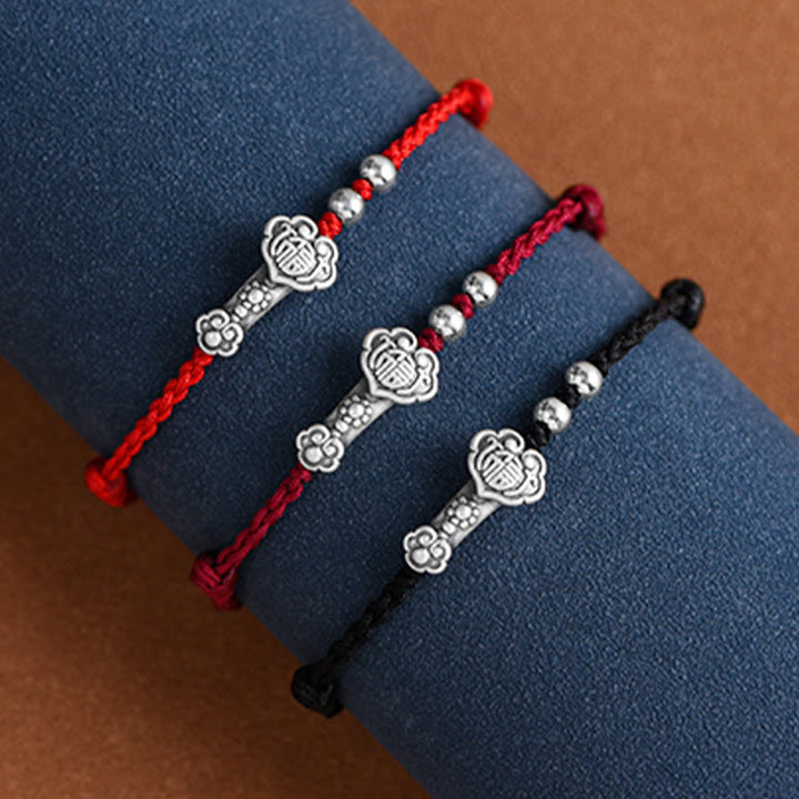 Buddha Stones Fatto a mano in argento sterling 999 Fu Character Wish Ruyi Handle Fortune Rope Bracciale Cavigliera