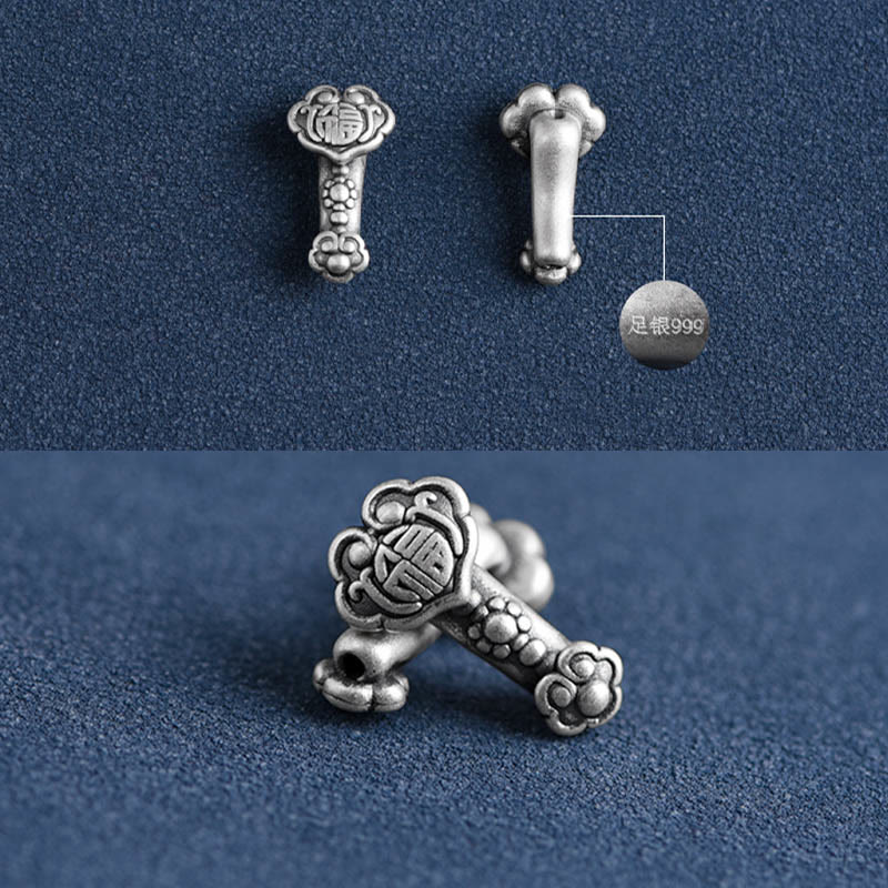 Buddha Stones Fatto a mano in argento sterling 999 Fu Character Wish Ruyi Handle Fortune Rope Bracciale Cavigliera