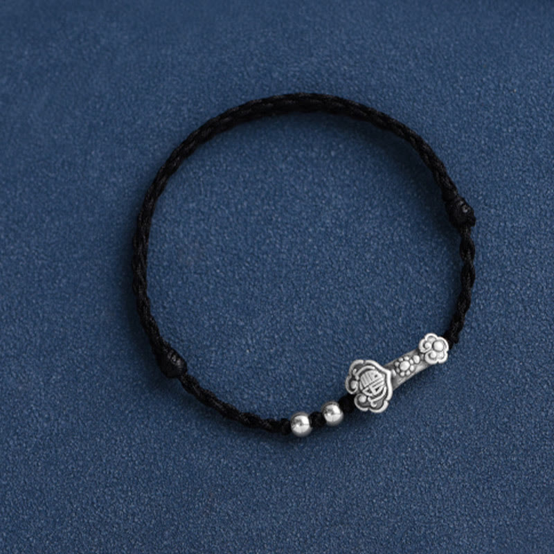 Buddha Stones Fatto a mano in argento sterling 999 Fu Character Wish Ruyi Handle Fortune Rope Bracciale Cavigliera