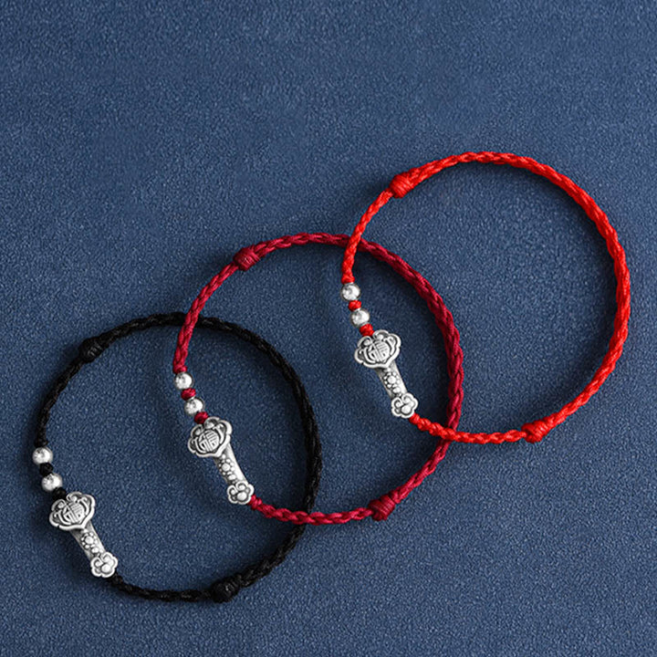 Buddha Stones Fatto a mano in argento sterling 999 Fu Character Wish Ruyi Handle Fortune Rope Bracciale Cavigliera