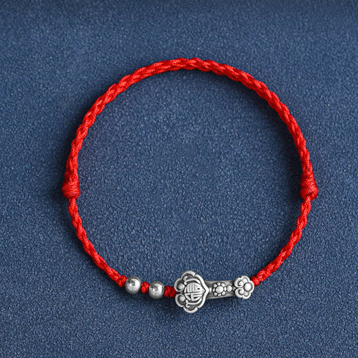 Buddha Stones Fatto a mano in argento sterling 999 Fu Character Wish Ruyi Handle Fortune Rope Bracciale Cavigliera