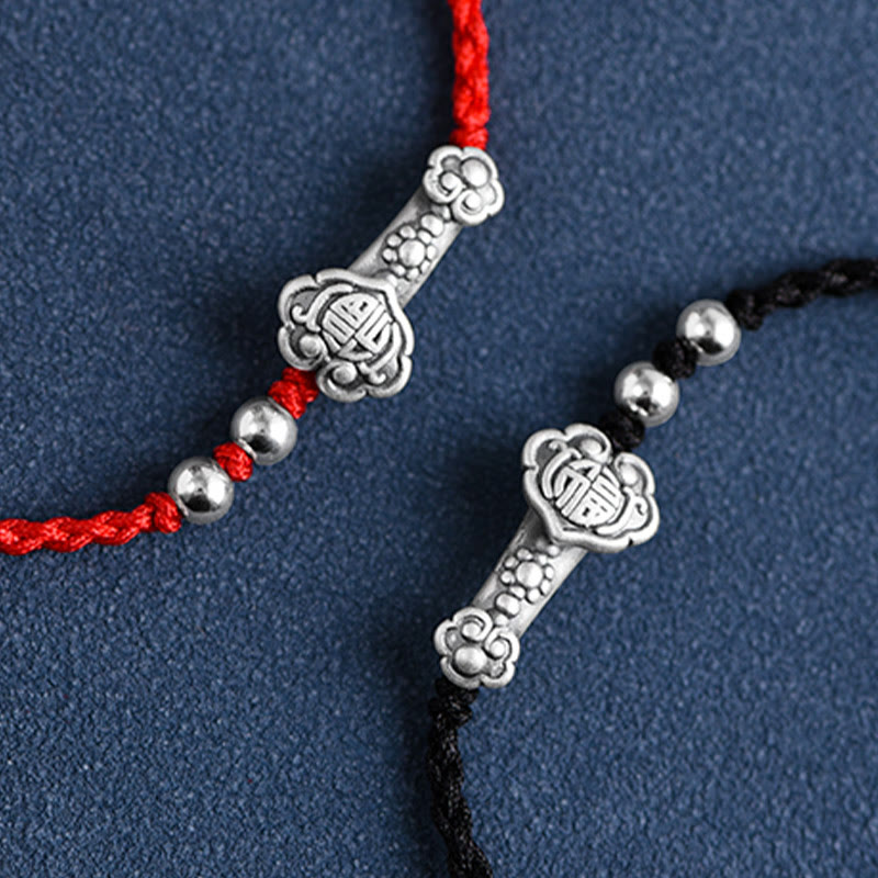 Buddha Stones Fatto a mano in argento sterling 999 Fu Character Wish Ruyi Handle Fortune Rope Bracciale Cavigliera - image 25