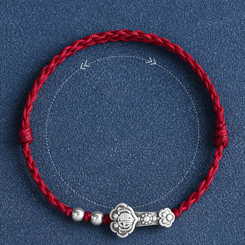 Buddha Stones Fatto a mano in argento sterling 999 Fu Character Wish Ruyi Handle Fortune Rope Bracciale Cavigliera