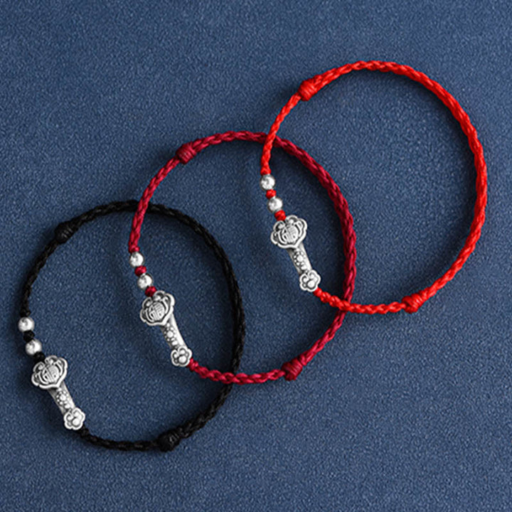 Buddha Stones Fatto a mano in argento sterling 999 Fu Character Wish Ruyi Handle Fortune Rope Bracciale Cavigliera