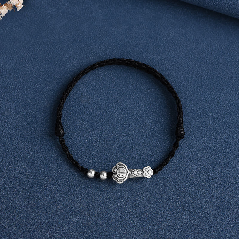 Buddha Stones Fatto a mano in argento sterling 999 Fu Character Wish Ruyi Handle Fortune Rope Bracciale Cavigliera