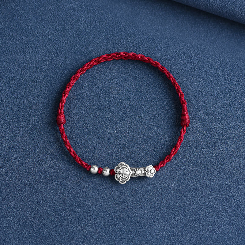 Buddha Stones Fatto a mano in argento sterling 999 Fu Character Wish Ruyi Handle Fortune Rope Bracciale Cavigliera