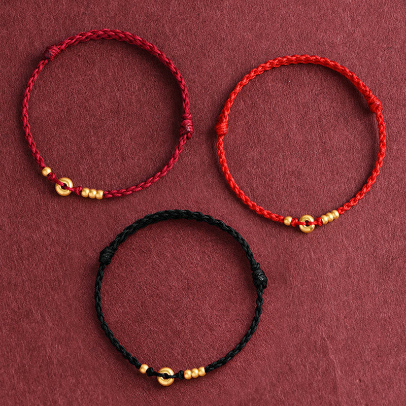 Buddha Stones 999 Oro Piccolo Fibbia della Pace Design Fatto a Mano Braccialetto di Corda Intrecciata Fortuna Cavigliera