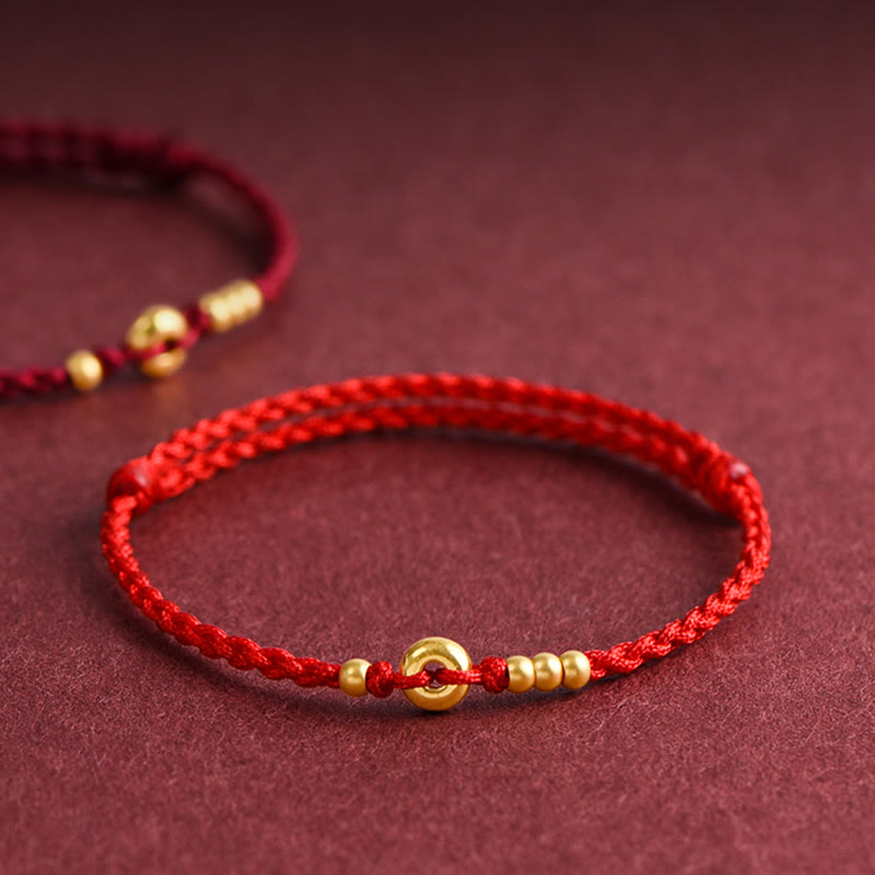 Buddha Stones 999 Oro Piccolo Fibbia della Pace Design Fatto a Mano Braccialetto di Corda Intrecciata Fortuna Cavigliera - Cavigliera (circonferenza 18-30 cm) - Rosso - image 0