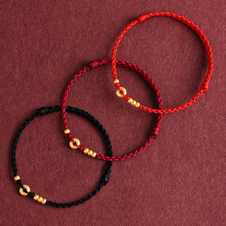 Buddha Stones 999 Oro Piccolo Fibbia della Pace Design Fatto a Mano Braccialetto di Corda Intrecciata Fortuna Cavigliera