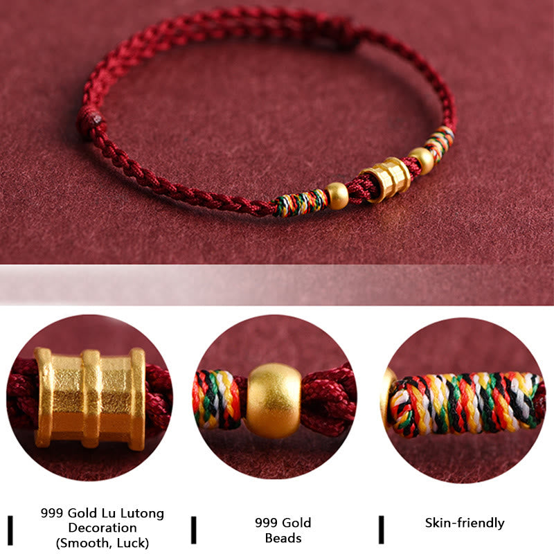 Buddha Stones 999 Oro Piccolo secchio Forma Design Fatto a mano Fortuna Braccialetto di corda intrecciata Cavigliera