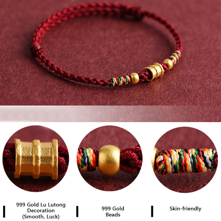 Buddha Stones 999 Oro Piccolo secchio Forma Design Fatto a mano Fortuna Braccialetto di corda intrecciata Cavigliera
