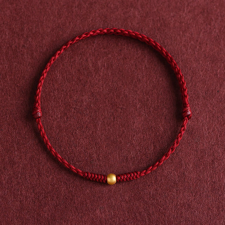 Buddha Stones 999 Oro Una Mini Perlina Design Fatto a Mano Forza Braccialetto Corda Intrecciata Cavigliera - Cavigliera (circonferenza 18-30 cm) - Rosso scuro - image 0