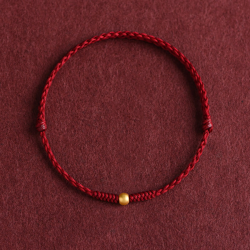 Buddha Stones 999 Oro Una Mini Perlina Design Fatto a Mano Forza Braccialetto Corda Intrecciata Cavigliera - Cavigliera (circonferenza 18-30 cm) - Rosso scuro - image 0
