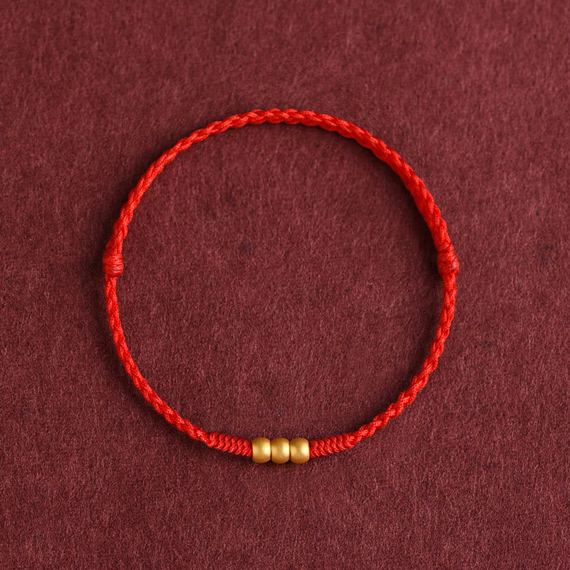 Buddha Stones 999 Oro Mini Tre Perline Design Fatto a Mano Corda della Fortuna Bracciale Cavigliera - Cavigliera (circonferenza 18-30 cm) - Rosso - image 0