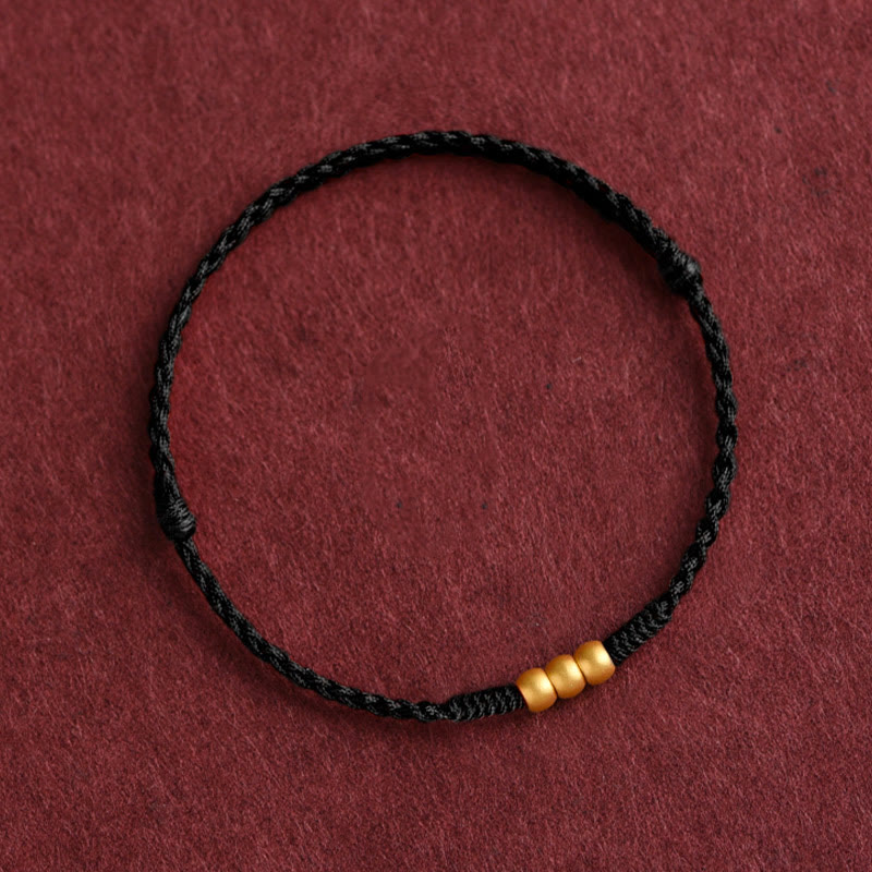 Buddha Stones 999 Oro Mini Tre Perline Design Fatto a Mano Corda della Fortuna Bracciale Cavigliera