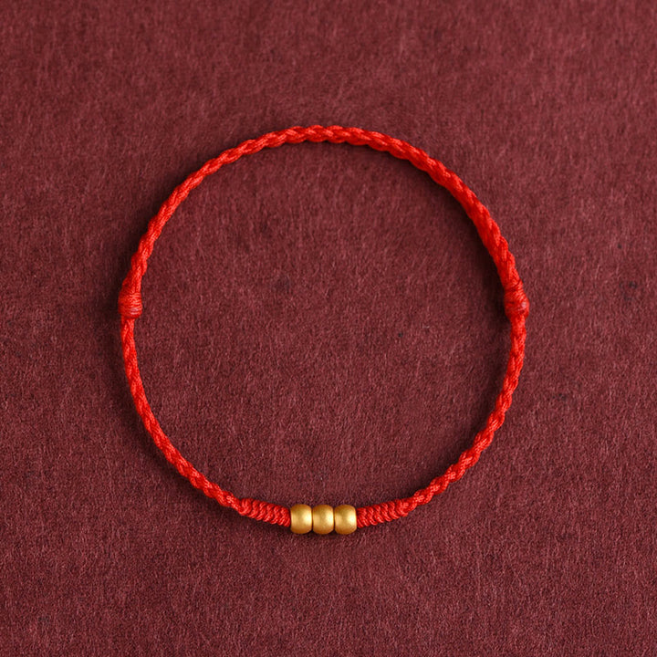 Buddha Stones 999 Oro Mini Tre Perline Design Fatto a Mano Corda della Fortuna Bracciale Cavigliera - Cavigliera (circonferenza 18-30 cm) - Rosso - image 0