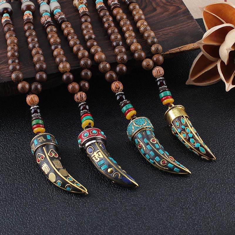 Buddha Stones Tibet Wenge Legno Om Mani Padme Hum Simbolo OM Mantra Corno Modello Protezione Collana Pendente - image 0