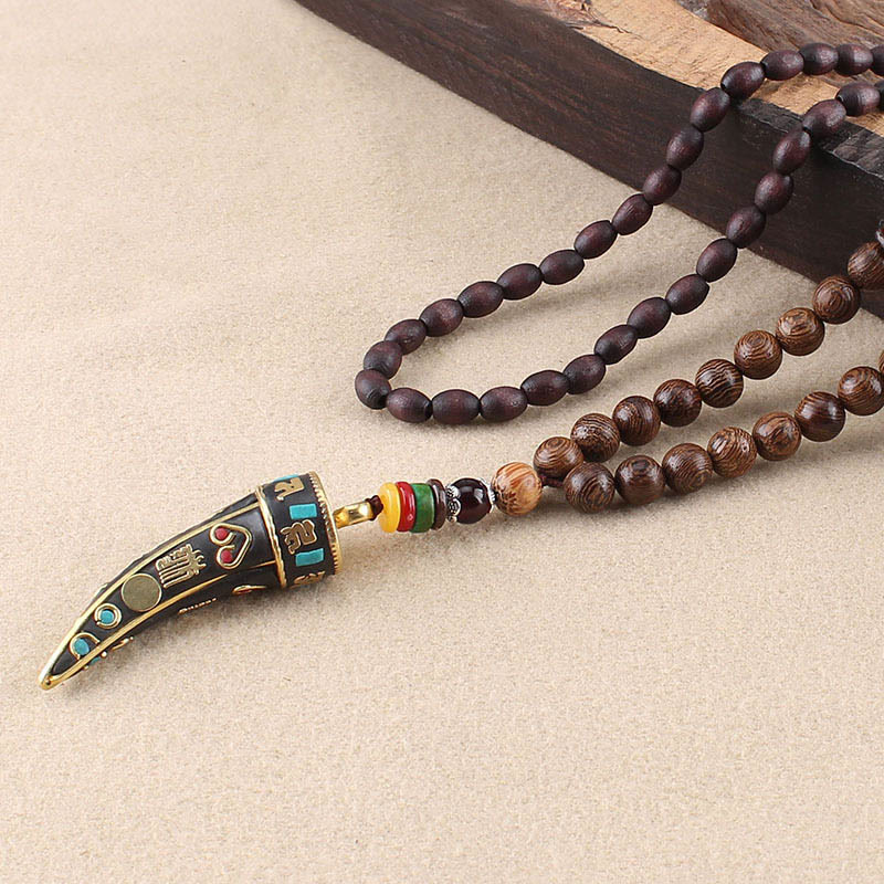 Buddha Stones Tibet Wenge Legno Om Mani Padme Hum Simbolo OM Mantra Corno Modello Protezione Collana Pendente - Legno Wenge e Om Mani Padme Hum - image 1