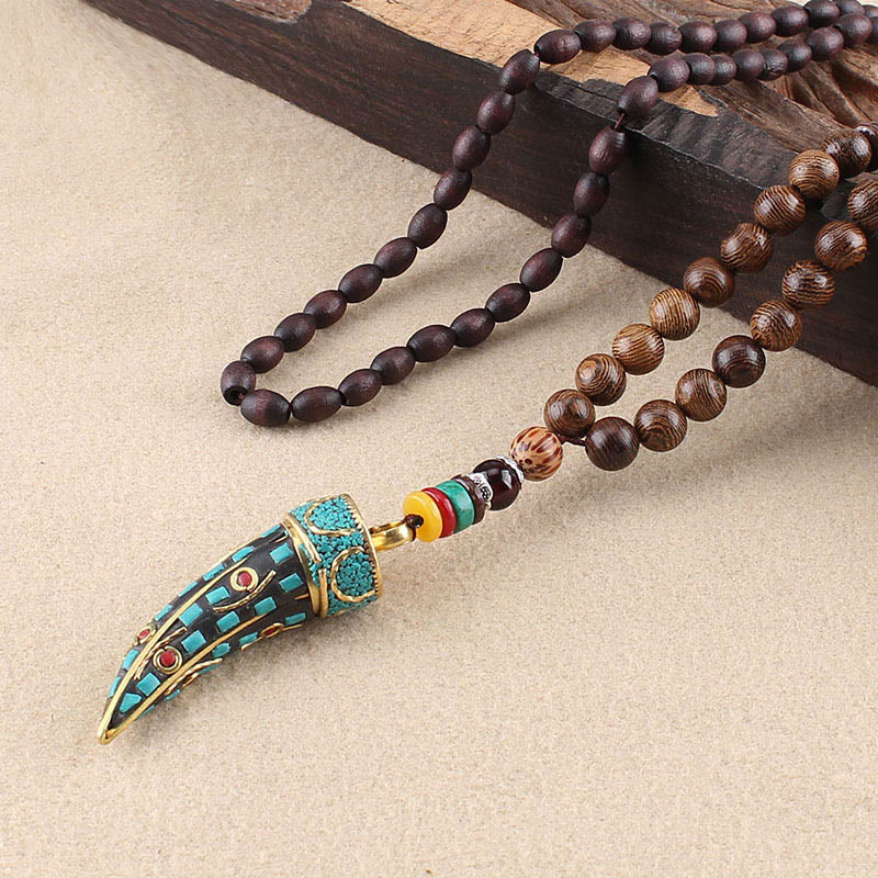Buddha Stones Tibet Wenge Legno Om Mani Padme Hum Simbolo OM Mantra Corno Modello Protezione Collana Pendente - Legno Wenge e Turchese - image 10